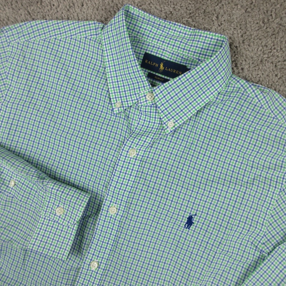 Polo Ralph Lauren Shirt Mens Large Green Tattersall Check Slim Oxford Button Up